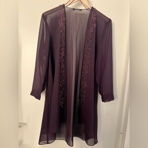 R&M Richards Sheer Open-Front Cardigan in Plum size S/M